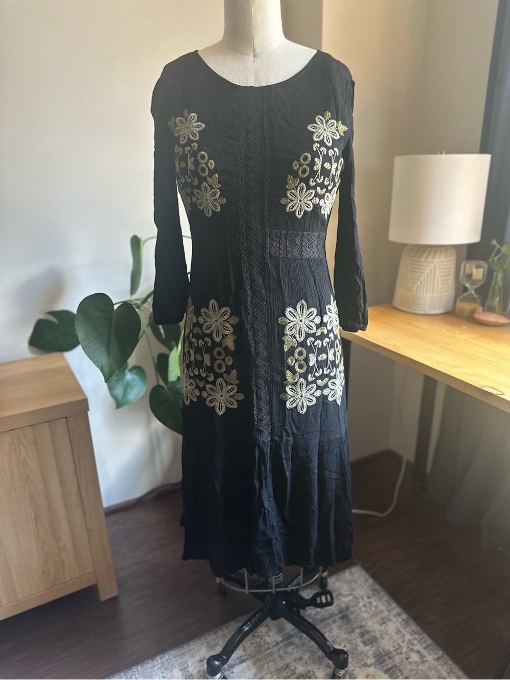 Roolee Black Floral Embroidered Women's Dress